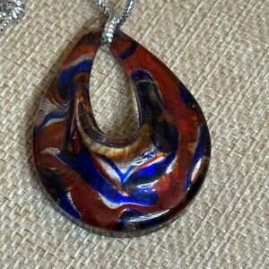Artisan Murano Style Blue & Amber Copper Tone Glass Teardrop‎ Pendant